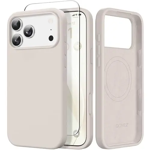 GONEZ Magnetic for iPhone 17 Pro Case, Compatible with MagSafe, [Screen Protector + Camera Lens Protector], Liquid Silicone Anti-Scratch Shockproof Protective Phone Case 6.3 inch, Stone - 1