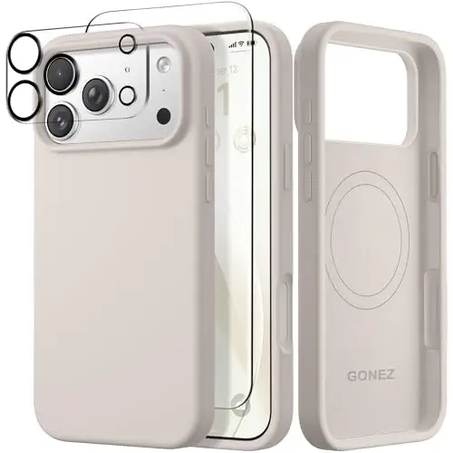 GONEZ Magnetic for iPhone 17 Pro Case, Compatible with MagSafe, [Screen Protector + Camera Lens Protector], Liquid Silicone Anti-Scratch Shockproof Protective Phone Case 6.3 inch, Stone 
