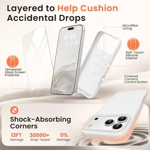 GONEZ Magnetic for iPhone 17 Pro Case, [Compatible with MagSafe] Anti-Scratch Microfiber Lining & Screen Protector, Silicone Camera Control, Shockproof Slim Phone Cover 6.3 inch, White - 4