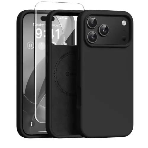 GONEZ Magnetic for iPhone 17 Pro Case, Silicone Cover Black | Compatible with MagSafe, Camera Button & Screen Protector, Microfiber Lining, 3 Layers Soft Gel Rubber Shockproof Slim 6.3