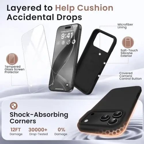 GONEZ Magnetic for iPhone 17 Pro Case, Silicone Cover Black | Compatible with MagSafe, Camera Button & Screen Protector, Microfiber Lining, 3 Layers Soft Gel Rubber Shockproof Slim 6.3