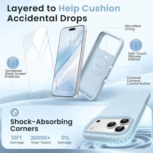 GONEZ Magnetic for iPhone 17 Pro Case, Silicone Cover Blue | Compatible with MagSafe, Camera Button & Screen Protector, Microfiber Lining, 3 Layers Soft Gel Rubber Shockproof Slim 6.3