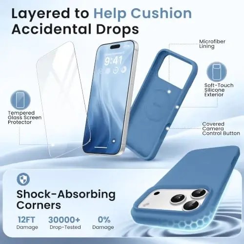 GONEZ Magnetic for iPhone 17 Pro Case, Silicone Cover Lake Blue | Compatible with MagSafe, Camera Button & Screen Protector, Microfiber Lining, 3 Layers Soft Gel Rubber Shockproof Slim 6.3