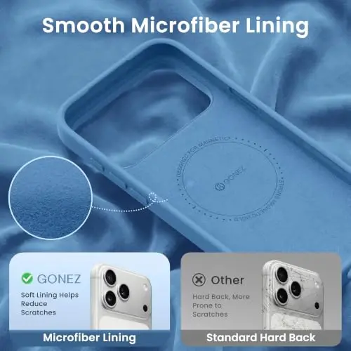 GONEZ Magnetic for iPhone 17 Pro Case, Silicone Cover Lake Blue | Compatible with MagSafe, Camera Button & Screen Protector, Microfiber Lining, 3 Layers Soft Gel Rubber Shockproof Slim 6.3