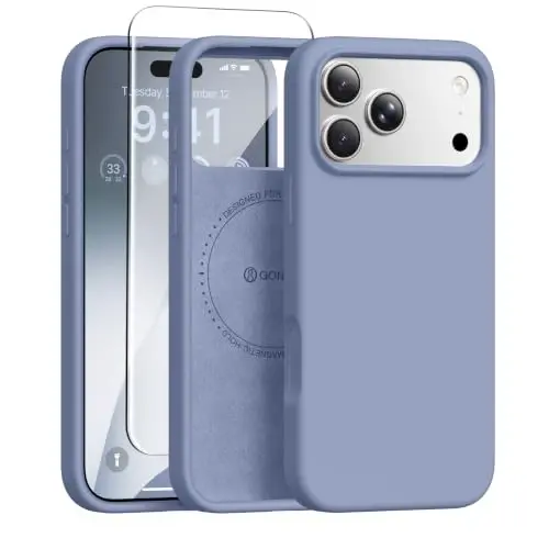 GONEZ Magnetic for iPhone 17 Pro Case, Silicone Cover Lavender Gray | Compatible with MagSafe, Camera Button & Screen Protector, Microfiber Lining, 3 Layers Soft Gel Rubber Shockproof Slim 6.3