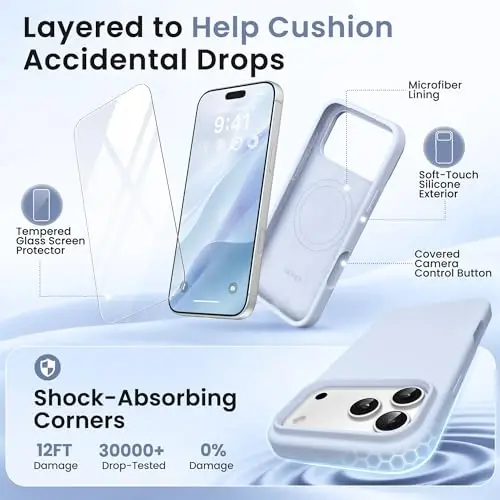 GONEZ Magnetic for iPhone 17 Pro Max Case, [Compatible with MagSafe] Anti-Scratch Microfiber Lining & Screen Protector, Silicone Camera Control, Shockproof Slim Phone Cover 6.9 inch, Baby Blue - 4