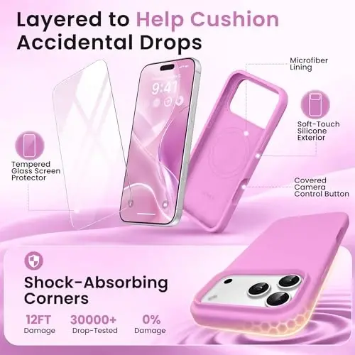GONEZ Magnetic for iPhone 17 Pro Max Case, [Compatible with MagSafe] Anti-Scratch Microfiber Lining & Screen Protector, Silicone Camera Control, Shockproof Slim Phone Cover 6.9 inch, Cherry Blossom - 4