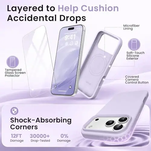 GONEZ Magnetic for iPhone 17 Pro Max Case, [Compatible with MagSafe] Anti-Scratch Microfiber Lining & Screen Protector, Silicone Camera Control, Shockproof Slim Phone Cover 6.9 inch, Pastel Lilac - 4