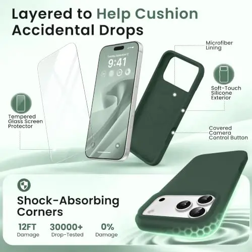 GONEZ Magnetic for iPhone 17 Pro Max Case, [Compatible with MagSafe] Anti-Scratch Microfiber Lining & Screen Protector, Silicone Camera Control, Shockproof Slim Phone Cover 6.9 inch, Army Green - 4