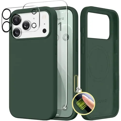 GONEZ Magnetic for iPhone 17 Pro Max Case, Compatible with MagSafe, [Screen Protector + Camera Lens Protector], Liquid Silicone Anti-Scratch Shockproof Protective Phone Case 6.9 inch, Army Green - 1