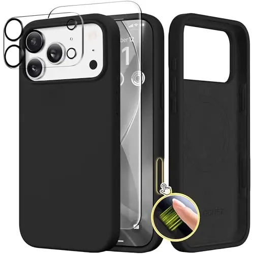 GONEZ Magnetic for iPhone 17 Pro Max Case, Compatible with MagSafe, [Screen Protector + Camera Lens Protector], Liquid Silicone Anti-Scratch Shockproof Protective Phone Case 6.9 inch, Black - GONEZ