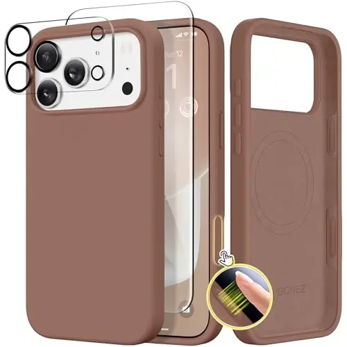 GONEZ Magnetic for iPhone 17 Pro Max Case, Compatible with MagSafe, [Screen Protector + Camera Lens Protector], Liquid Silicone Anti-Scratch Shockproof Protective Phone Case 6.9 inch, Brown - GONEZ