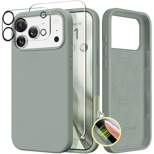GONEZ Magnetic for iPhone 17 Pro Max Case, Compatible with MagSafe, [Screen Protector + Camera Lens Protector], Liquid Silicone Anti-Scratch Shockproof Protective Phone Case 6.9 inch, Calke Green - GONEZ
