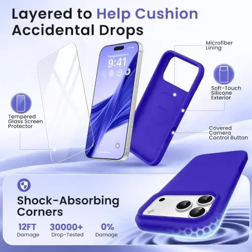 GONEZ Magnetic for iPhone 17 Pro Max Case, [Compatible with MagSafe] Anti-Scratch Microfiber Lining & Screen Protector, Silicone Camera Control, Shockproof Slim Phone Cover 6.9 inch, Cobalt Blue - 4