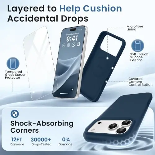 GONEZ Magnetic for iPhone 17 Pro Max Case, [Compatible with MagSafe] Anti-Scratch Microfiber Lining & Screen Protector, Silicone Camera Control, Shockproof Slim Phone Cover 6.9 inch, Dark Blue - 4