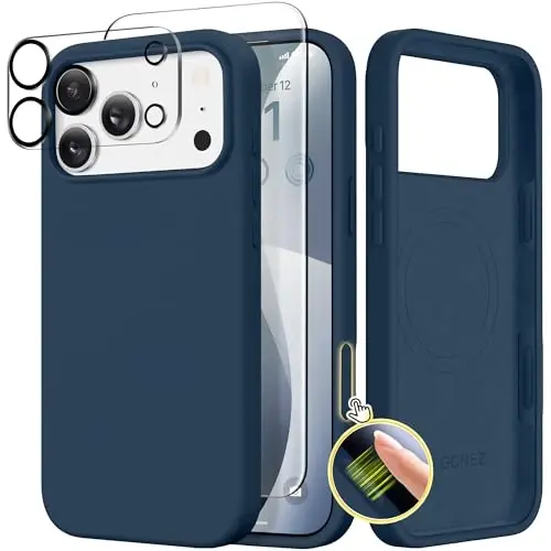 GONEZ Magnetic for iPhone 17 Pro Max Case, Compatible with MagSafe, [Screen Protector + Camera Lens Protector], Liquid Silicone Anti-Scratch Shockproof Protective Phone Case 6.9 inch, Dark Blue - 1