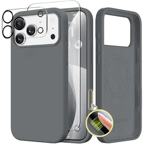 GONEZ Magnetic for iPhone 17 Pro Max Case, Compatible with MagSafe, [Screen Protector + Camera Lens Protector], Liquid Silicone Anti-Scratch Shockproof Protective Phone Case 6.9 inch, Dark Grey - GONEZ