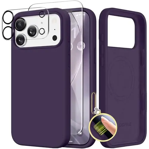 GONEZ Magnetic for iPhone 17 Pro Max Case, Compatible with MagSafe, [Screen Protector + Camera Lens Protector], Liquid Silicone Anti-Scratch Shockproof Protective Phone Case 6.9 inch, Deep Purple 