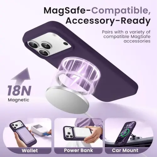 GONEZ Magnetic for iPhone 17 Pro Max Case, Silicone Cover Deep Purple | Compatible with MagSafe, Camera Button & Screen Protector, Microfiber Lining, 3 Layers Soft Gel Rubber Shockproof Slim 6.9