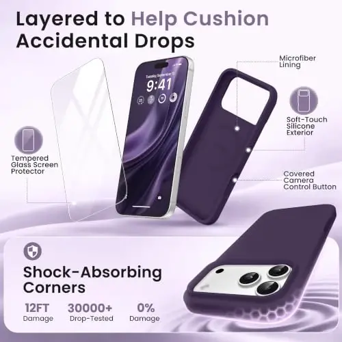 GONEZ Magnetic for iPhone 17 Pro Max Case, Silicone Cover Deep Purple | Compatible with MagSafe, Camera Button & Screen Protector, Microfiber Lining, 3 Layers Soft Gel Rubber Shockproof Slim 6.9