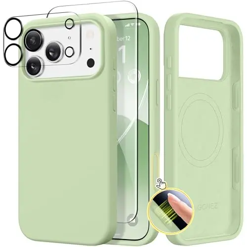 GONEZ Magnetic for iPhone 17 Pro Max Case, Compatible with MagSafe, [Screen Protector + Camera Lens Protector], Liquid Silicone Anti-Scratch Shockproof Protective Phone Case 6.9 inch, Green - GONEZ