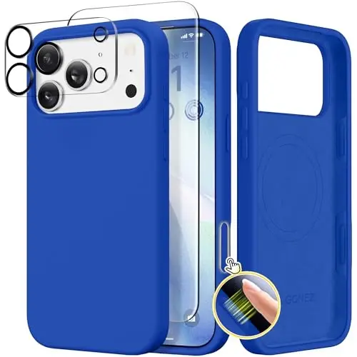 GONEZ Magnetic for iPhone 17 Pro Max Case, Compatible with MagSafe, [Screen Protector + Camera Lens Protector], Liquid Silicone Anti-Scratch Shockproof Protective Phone Case 6.9 inch, Klein Blue 
