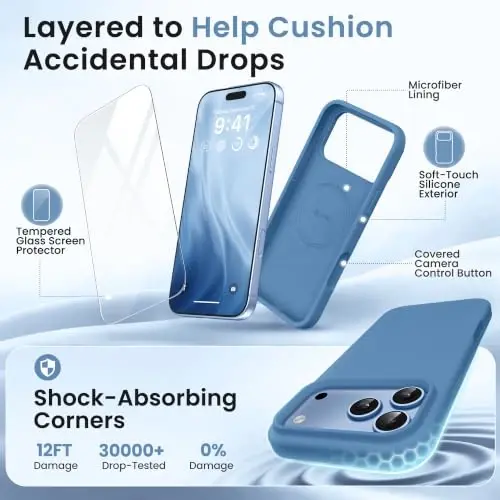 GONEZ Magnetic for iPhone 17 Pro Max Case, [Compatible with MagSafe] Anti-Scratch Microfiber Lining & Screen Protector, Silicone Camera Control, Shockproof Slim Phone Cover 6.9 inch, Lake Blue - 4