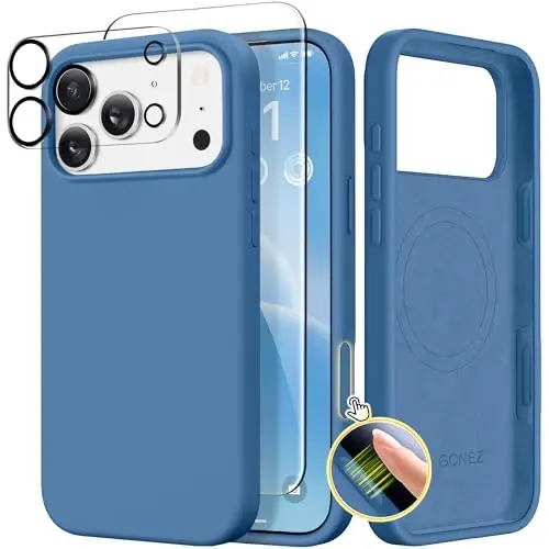 GONEZ Magnetic for iPhone 17 Pro Max Case, Compatible with MagSafe, [Screen Protector + Camera Lens Protector], Liquid Silicone Anti-Scratch Shockproof Protective Phone Case 6.9 inch, Lake Blue 