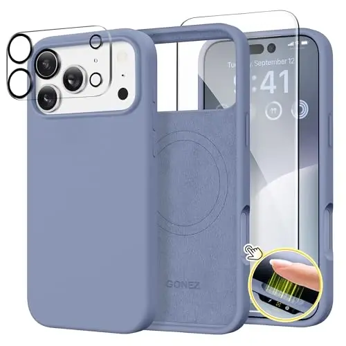 GONEZ Magnetic for iPhone 17 Pro Max Case, Compatible with MagSafe, [Screen Protector + Camera Lens Protector], Liquid Silicone Anti-Scratch Shockproof Protective Phone Case 6.9 inch, Lavender Gray 