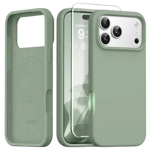 GONEZ Magnetic for iPhone 17 Pro Max Case, [Compatible with MagSafe] Anti-Scratch Microfiber Lining & Screen Protector, Silicone Camera Control, Shockproof Slim Phone Cover 6.9 inch, Light Green - GONEZ