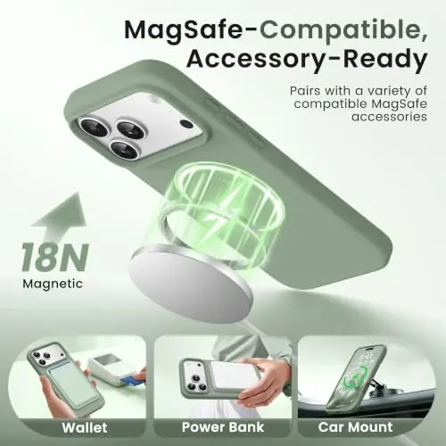 GONEZ Magnetic for iPhone 17 Pro Max Case, Silicone Cover Light Green | Compatible with MagSafe, Camera Button & Screen Protector, Microfiber Lining, 3 Layers Soft Gel Rubber Shockproof Slim 6.9