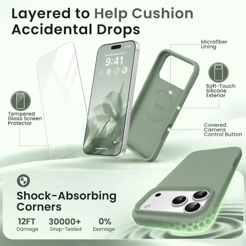 GONEZ Magnetic for iPhone 17 Pro Max Case, Silicone Cover Light Green | Compatible with MagSafe, Camera Button & Screen Protector, Microfiber Lining, 3 Layers Soft Gel Rubber Shockproof Slim 6.9