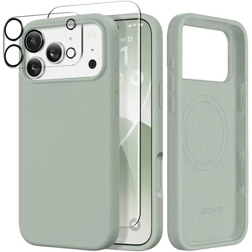 GONEZ Magnetic for iPhone 17 Pro Max Case, Compatible with MagSafe, [Screen Protector + Camera Lens Protector], Liquid Silicone Anti-Scratch Shockproof Protective Phone Case 6.9 inch, Light Green 
