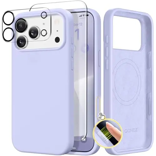 GONEZ Magnetic for iPhone 17 Pro Max Case, Compatible with MagSafe, [Screen Protector + Camera Lens Protector], Liquid Silicone Anti-Scratch Shockproof Protective Phone Case 6.9 inch, Lilac 