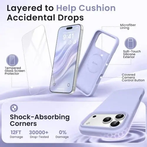 GONEZ Magnetic for iPhone 17 Pro Max Case, [Compatible with MagSafe] Anti-Scratch Microfiber Lining & Screen Protector, Silicone Camera Control, Shockproof Slim Phone Cover 6.9 inch, Lilac - 4