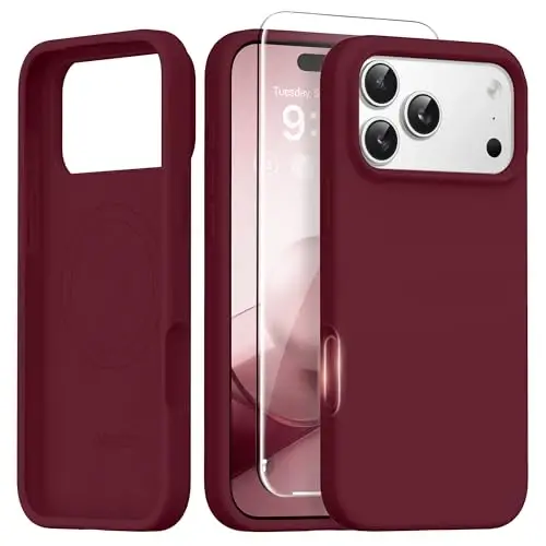 GONEZ Magnetic for iPhone 17 Pro Max Case, [Compatible with MagSafe] Anti-Scratch Microfiber Lining & Screen Protector, Silicone Camera Control, Shockproof Slim Phone Cover 6.9 inch, Maroon - GONEZ
