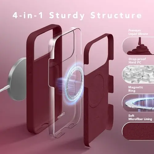 GONEZ Magnetic for iPhone 17 Pro Max Case, [Compatible with MagSafe] Anti-Scratch Microfiber Lining & Screen Protector, Silicone Camera Control, Shockproof Slim Phone Cover 6.9 inch, Maroon - 3
