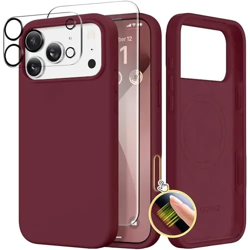 GONEZ Magnetic for iPhone 17 Pro Max Case, Compatible with MagSafe, [Screen Protector + Camera Lens Protector], Liquid Silicone Anti-Scratch Shockproof Protective Phone Case 6.9 inch, Maroon - GONEZ