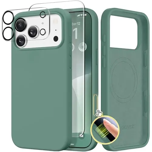 GONEZ Magnetic for iPhone 17 Pro Max Case, Compatible with MagSafe, [Screen Protector + Camera Lens Protector], Liquid Silicone Anti-Scratch Shockproof Protective Phone Case 6.9 inch, Midnight Green - GONEZ