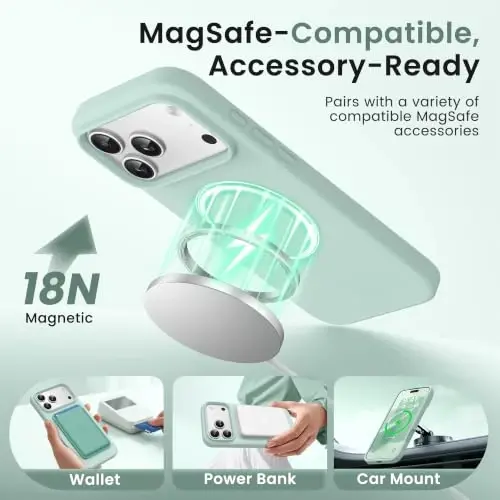 GONEZ Magnetic for iPhone 17 Pro Max Case, [Compatible with MagSafe] Anti-Scratch Microfiber Lining & Screen Protector, Silicone Camera Control, Shockproof Slim Phone Cover 6.9 inch, Mint Green - 2