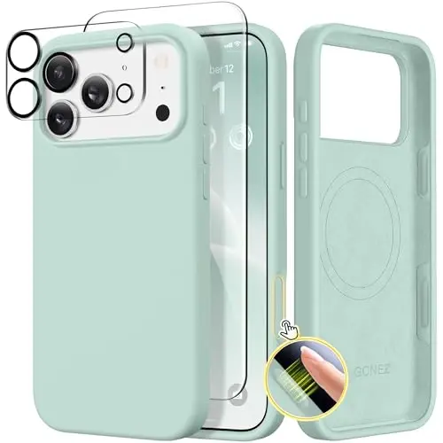 GONEZ Magnetic for iPhone 17 Pro Max Case, Compatible with MagSafe, [Screen Protector + Camera Lens Protector], Liquid Silicone Anti-Scratch Shockproof Protective Phone Case 6.9 inch, Mint Green - 1
