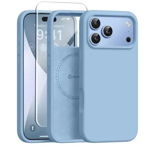 GONEZ Magnetic for iPhone 17 Pro Max Case, Silicone Cover Mist Blue | Compatible with MagSafe, Camera Button & Screen Protector, Microfiber Lining, 3 Layers Soft Gel Rubber Shockproof Slim 6.9
