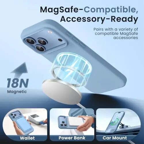 GONEZ Magnetic for iPhone 17 Pro Max Case, Silicone Cover Mist Blue | Compatible with MagSafe, Camera Button & Screen Protector, Microfiber Lining, 3 Layers Soft Gel Rubber Shockproof Slim 6.9