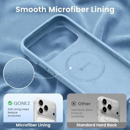 GONEZ Magnetic for iPhone 17 Pro Max Case, Silicone Cover Mist Blue | Compatible with MagSafe, Camera Button & Screen Protector, Microfiber Lining, 3 Layers Soft Gel Rubber Shockproof Slim 6.9