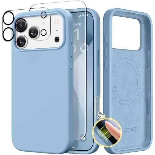 GONEZ Magnetic for iPhone 17 Pro Max Case, Compatible with MagSafe, [Screen Protector + Camera Lens Protector], Liquid Silicone Anti-Scratch Shockproof Protective Phone Case 6.9 inch, Mist Blue - GONEZ