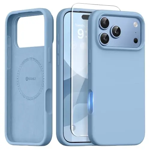 GONEZ Magnetic for iPhone 17 Pro Max Case, [Compatible with MagSafe] Anti-Scratch Microfiber Lining & Screen Protector, Silicone Camera Control, Shockproof Slim Phone Cover 6.9 inch, Mist Blue 