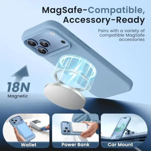 GONEZ Magnetic for iPhone 17 Pro Max Case, Silicone Cover Mist Blue | Compatible with MagSafe, Camera Button & Screen Protector, Microfiber Lining, 3 Layers Soft Gel Rubber Shockproof Slim 6.9