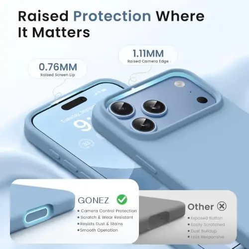 GONEZ Magnetic for iPhone 17 Pro Max Case, Silicone Cover Mist Blue | Compatible with MagSafe, Camera Button & Screen Protector, Microfiber Lining, 3 Layers Soft Gel Rubber Shockproof Slim 6.9