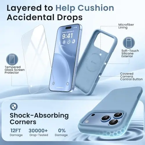 GONEZ Magnetic for iPhone 17 Pro Max Case, Silicone Cover Mist Blue | Compatible with MagSafe, Camera Button & Screen Protector, Microfiber Lining, 3 Layers Soft Gel Rubber Shockproof Slim 6.9