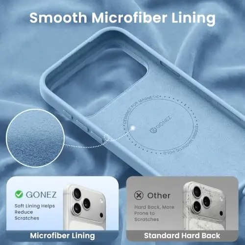 GONEZ Magnetic for iPhone 17 Pro Max Case, Silicone Cover Mist Blue | Compatible with MagSafe, Camera Button & Screen Protector, Microfiber Lining, 3 Layers Soft Gel Rubber Shockproof Slim 6.9